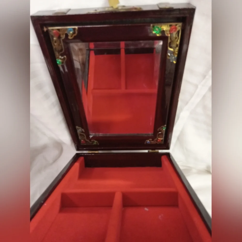 Vintage Asian Style Wooden Jewelry Box with Beveled Mirror